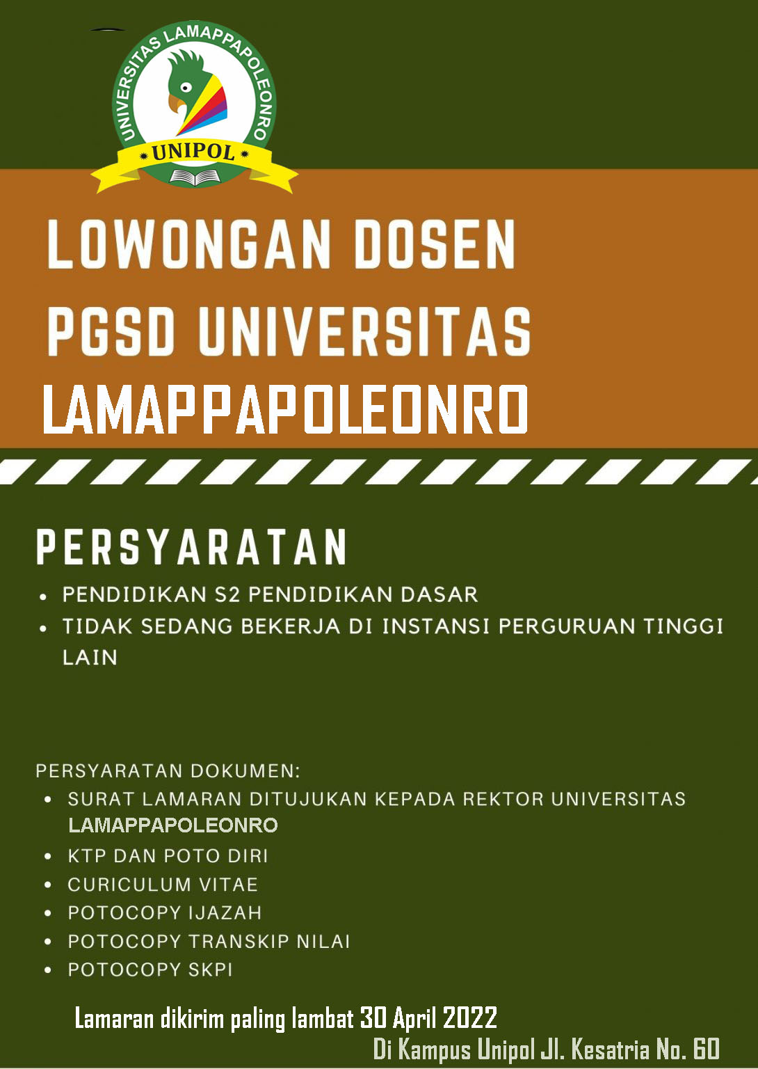 Lowongan Dosen PGSD Unipol – UNIVERSITAS LAMAPPAPOLEONRO